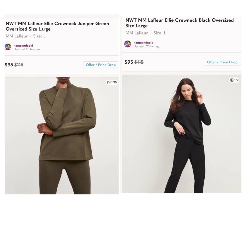 Bundle of 2 NWT MM Lafleur Ellie Crewneck Juniper Green and Black Oversized LG
